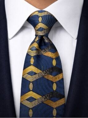 Louis Feraud 100% Imported Silk Tie Printed In Italy Made In USA Blue Geometric